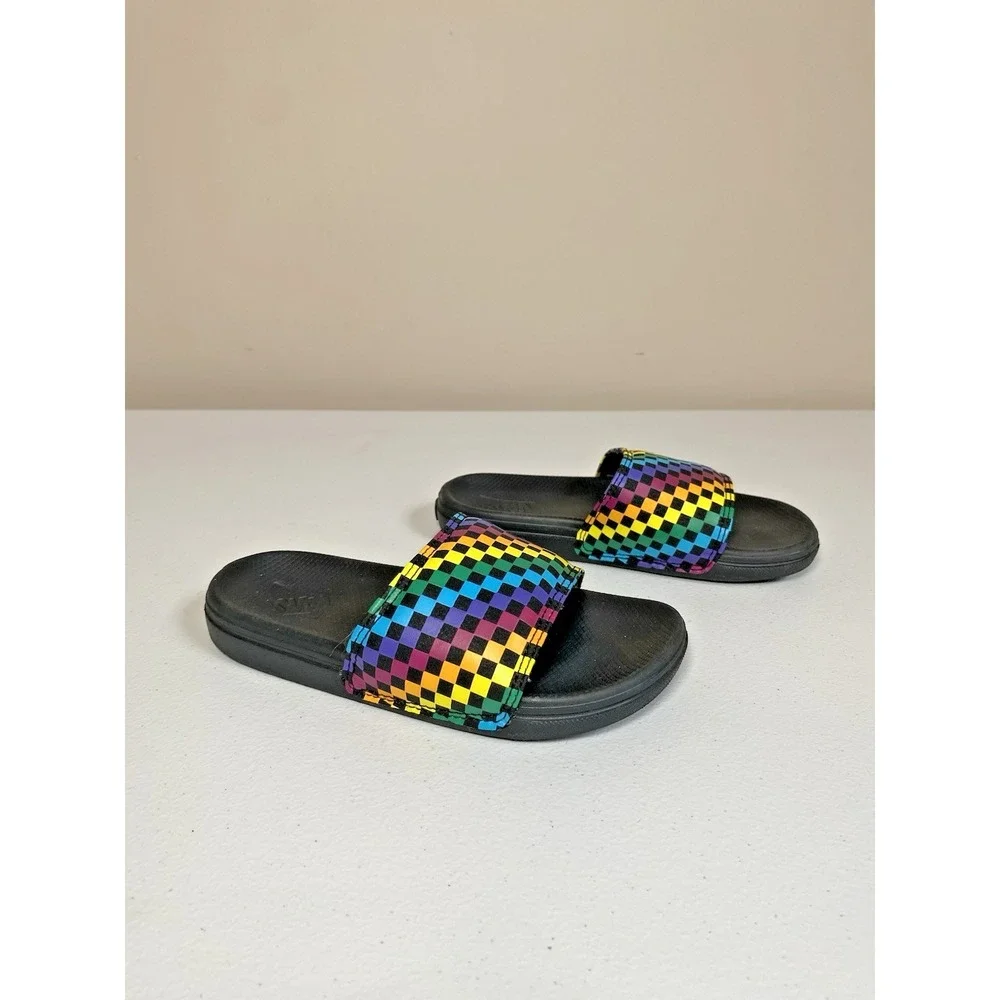 Vans Kids Unisex Slides Sandals Black Rainbow Checkerboard Size 13 Padded Retro‎